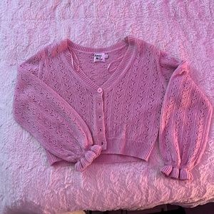 Baby pink cropped knit ruffle sleeve cardigan